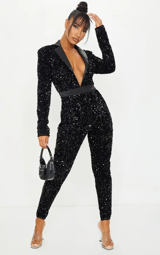 Plt - Velvet Sequin Plunge Front Tailored Jumpsuit