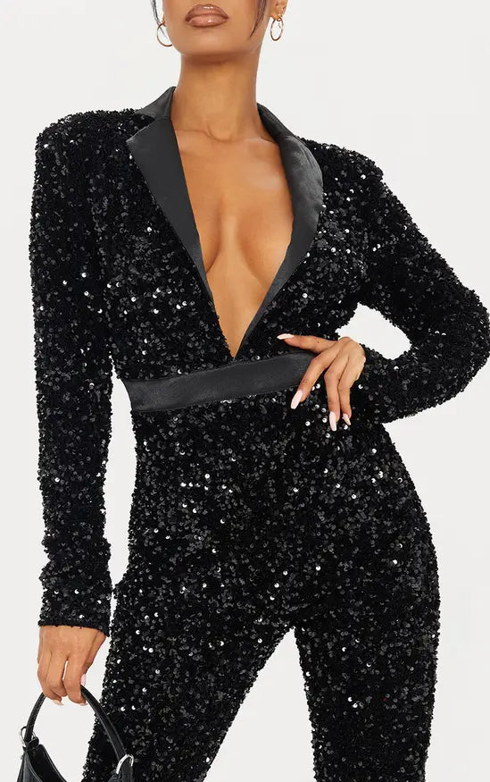 Plt - Velvet Sequin Plunge Front Tailored Jumpsuit