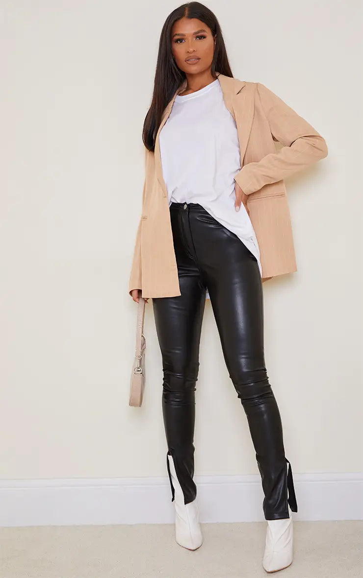 PrettyLittleThing Faux Leather Split Hem Straight Leg Trousers
