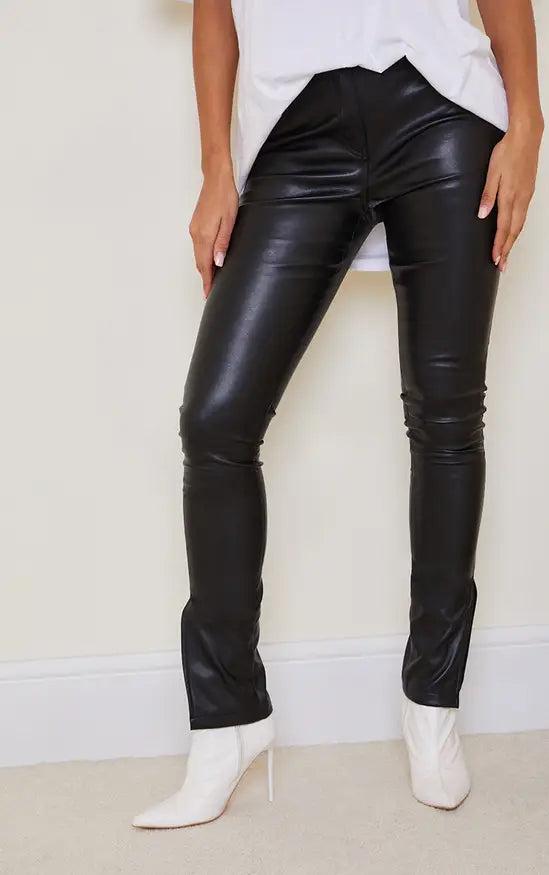 PrettyLittleThing Faux Leather Split Hem Straight Leg Trousers