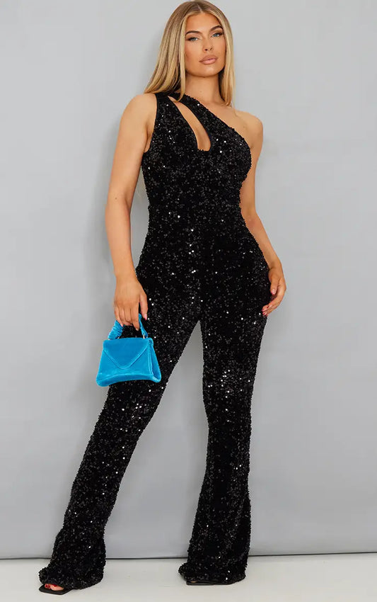 Plt - Black Sequin Cup Detail One Shoulder Jumspuit
