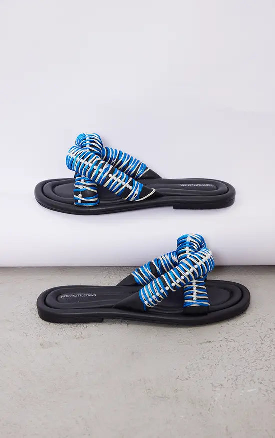 Plt - Black Real Leather Round Toe Padded Contrast Strap Pearl Detail Sandals