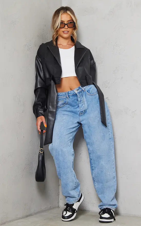 Plt - Black Oversized Belted Hem Cropped Biker Jacket