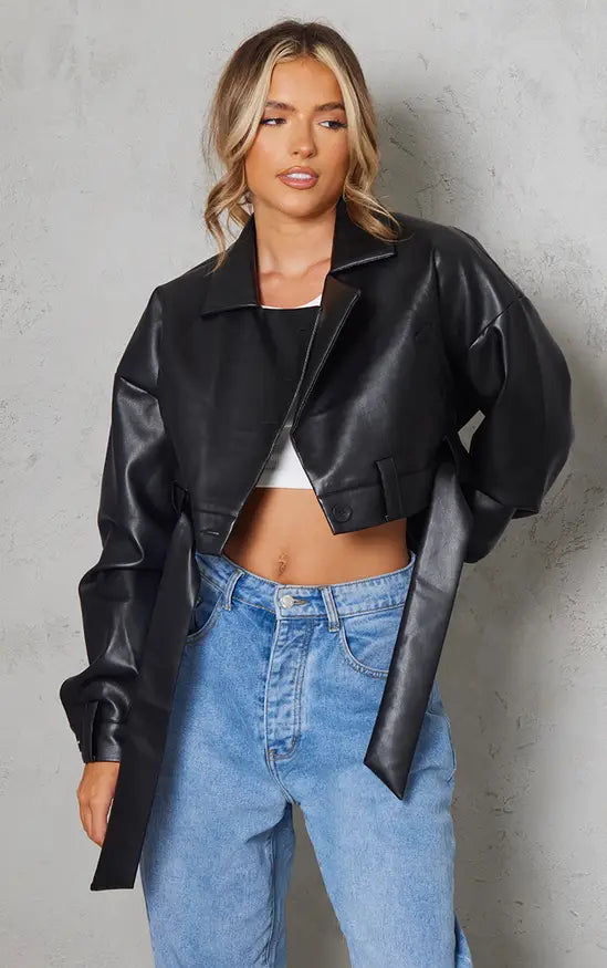 Plt - Black Oversized Belted Hem Cropped Biker Jacket