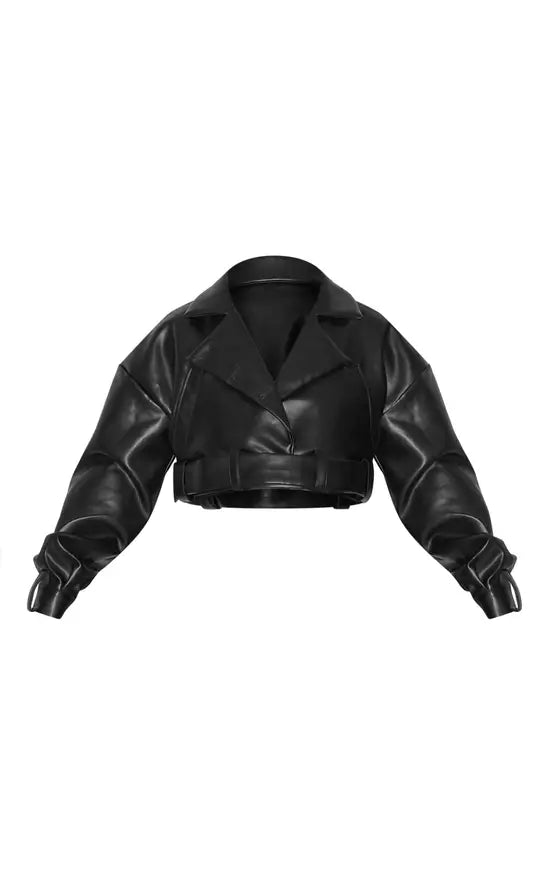 Plt - Black Oversized Belted Hem Cropped Biker Jacket