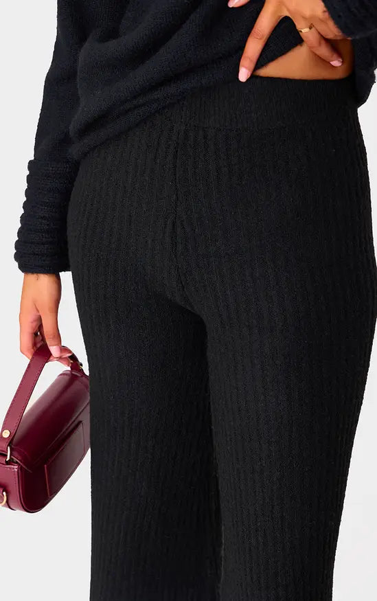 Plt - Tall Black Luxe Rib Knit Wide Leg Trousers