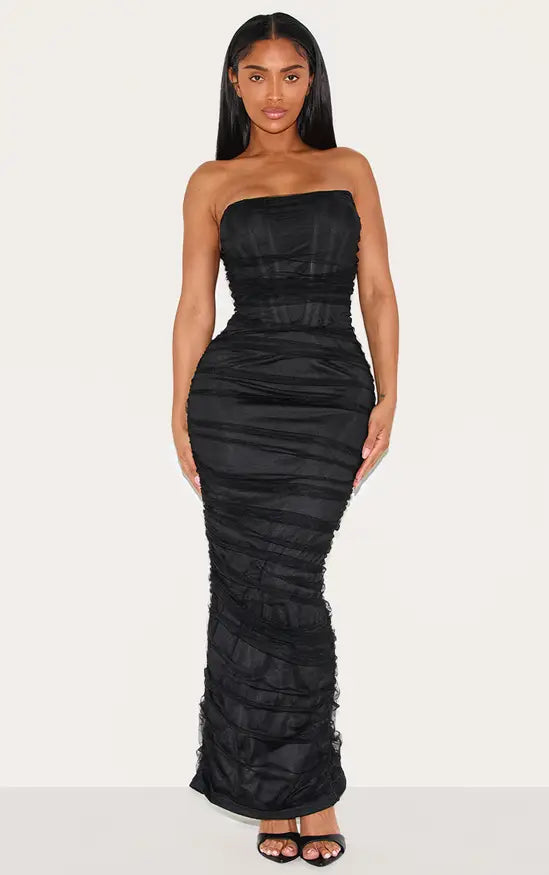 Plt - Shape Black Mesh Corset Bandeau Maxi Dress