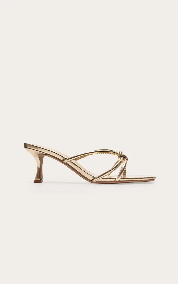 Plt - Gold Wide Fit Pu Square Toe Knotted Heeled Mules