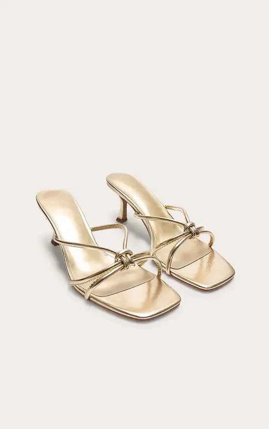 Plt - Gold Wide Fit Pu Square Toe Knotted Heeled Mules