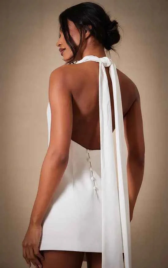 Plt - Premium White Woven Tie Halter Neck Dress