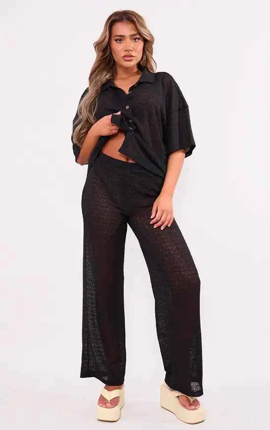 Plt - Black Textured Wide Leg Trousers Co-ord