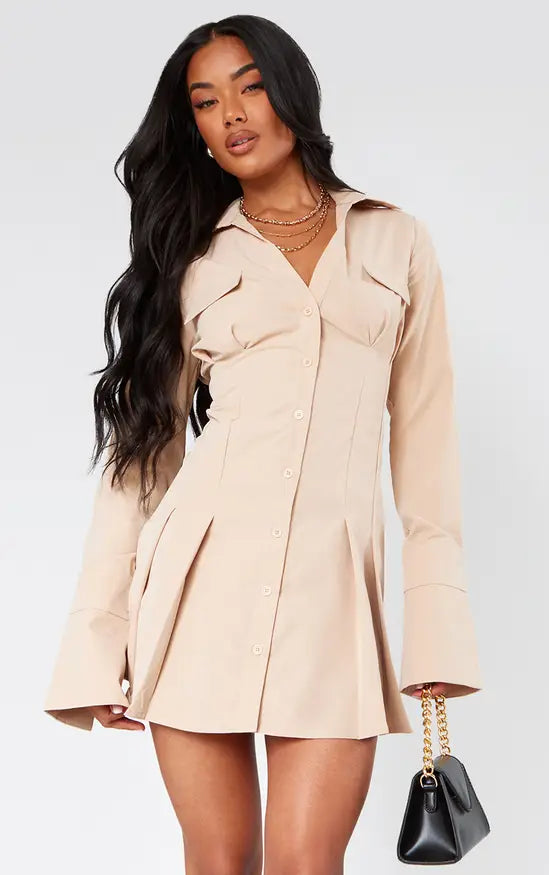 Plt - Stone Poplin Pleated Flared Sleeve Shirt Dress