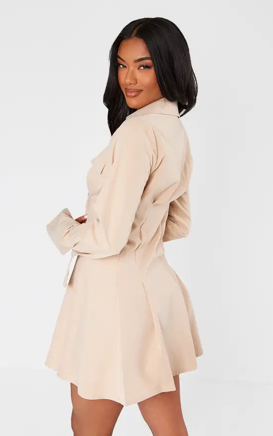 Plt - Stone Poplin Pleated Flared Sleeve Shirt Dress