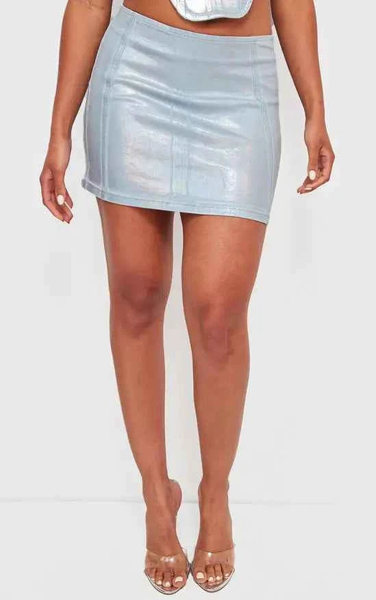 Plt - Silver Metallic Coated Denim Micro Mini Skirt