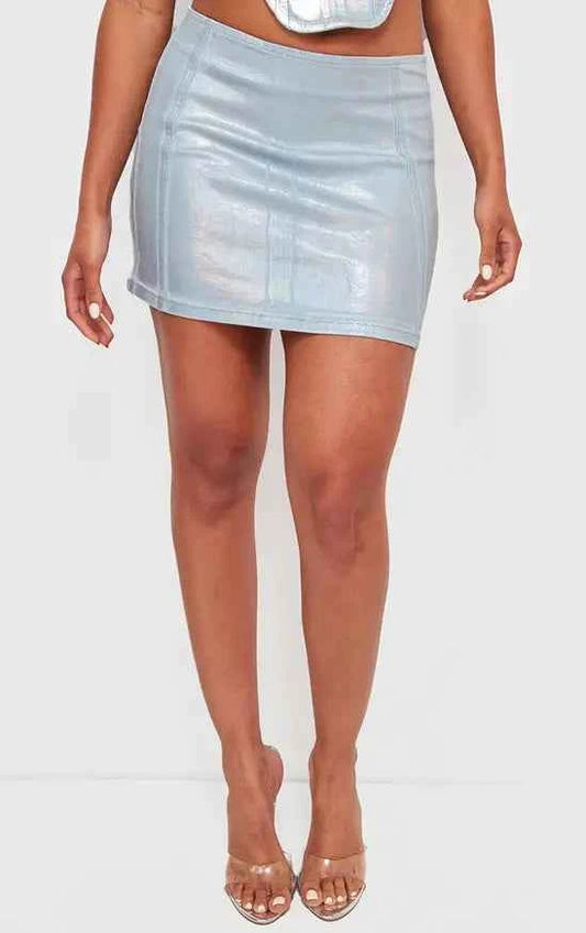 Plt - Silver Metallic Coated Denim Micro Mini Skirt