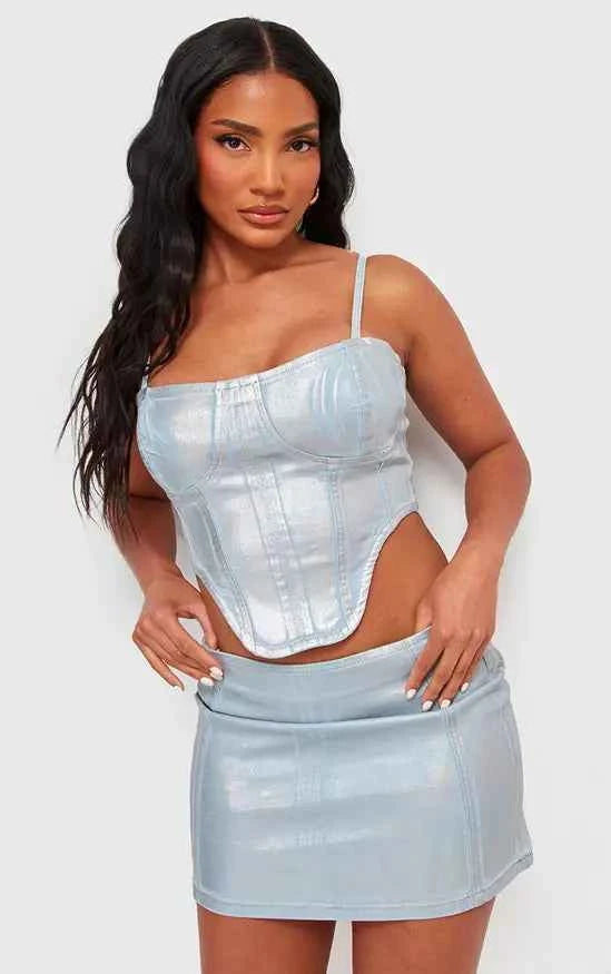 Plt - Silver Metallic Coated Denim Micro Mini Skirt