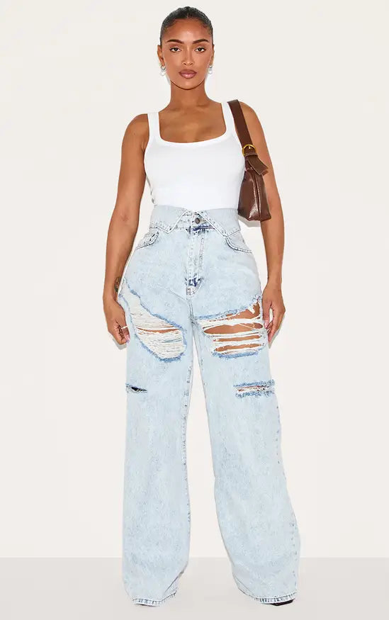Plt - Shape Light Blue Acid Wash Denim Foldover Waist Ripped Wide Leg Jeans
