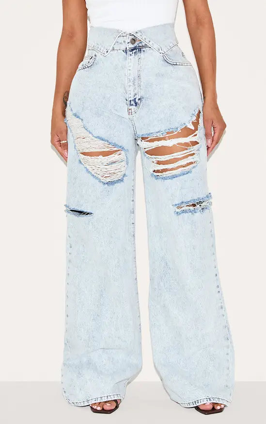 Plt - Shape Light Blue Acid Wash Denim Foldover Waist Ripped Wide Leg Jeans