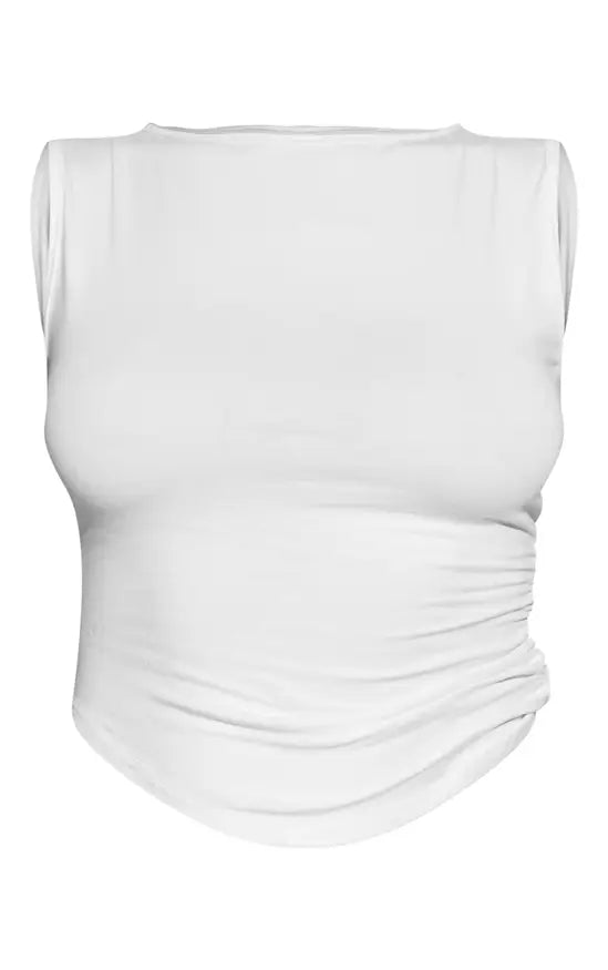 Ego - White Ruched Side Cotton Boatneck Long Top