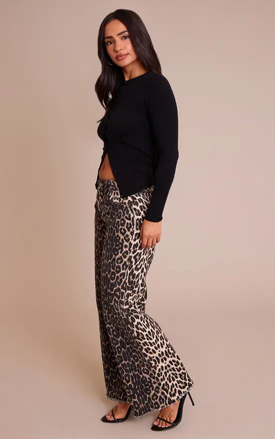 Plt - Petite Brown Leopard Print Denim Wide Leg Jeans