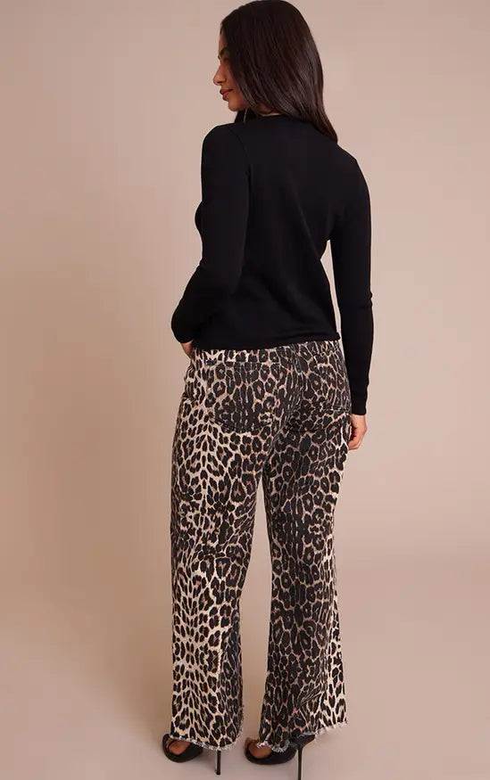 Plt - Petite Brown Leopard Print Denim Wide Leg Jeans