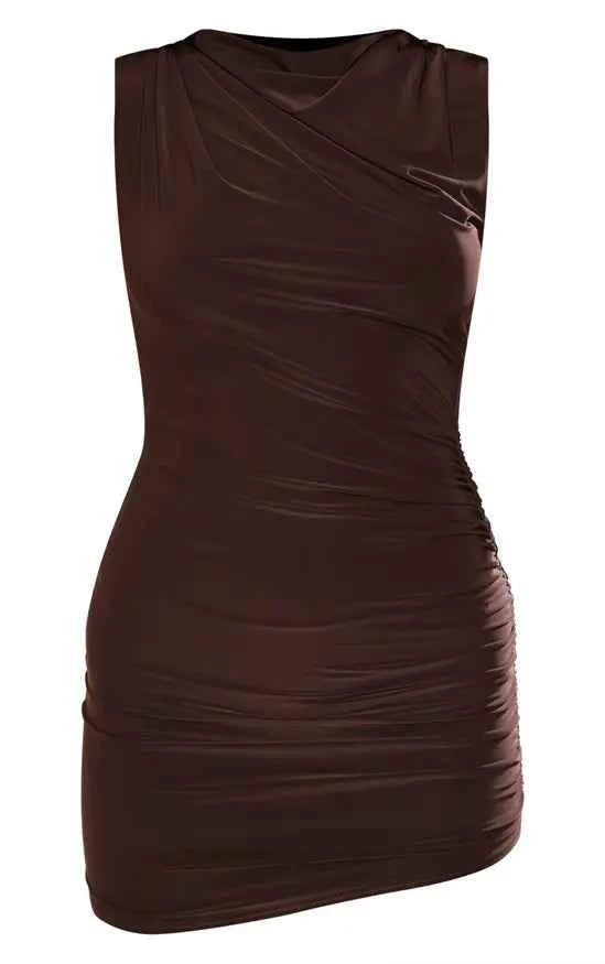 Plt - Chocolate Slinky Ruched Shoulder Racer Neck Bodycon Dress
