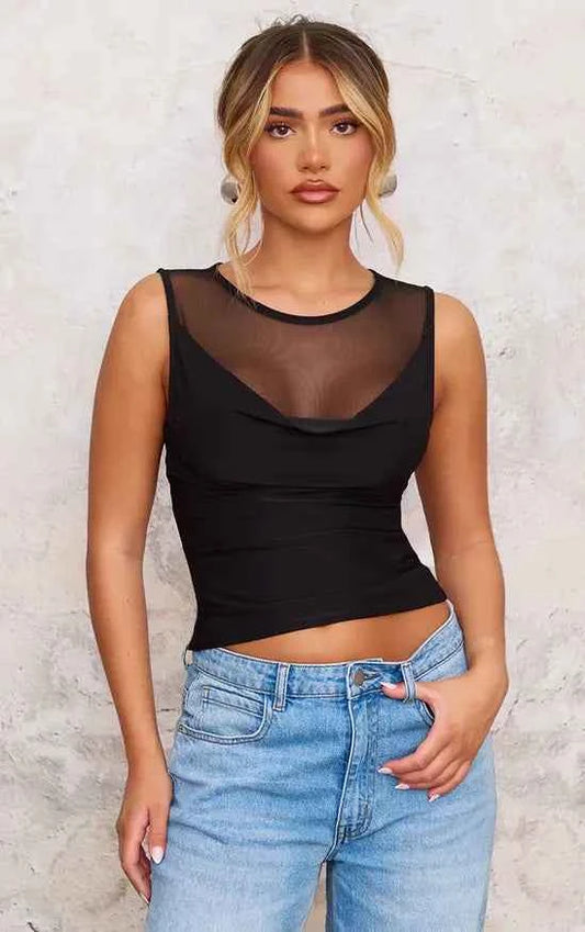 PrettyLittleThing Mesh Panel Cowl Slinky Top