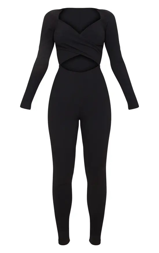 Plt - Black Rib Cross Over Long Sleeved Jumpsuit
