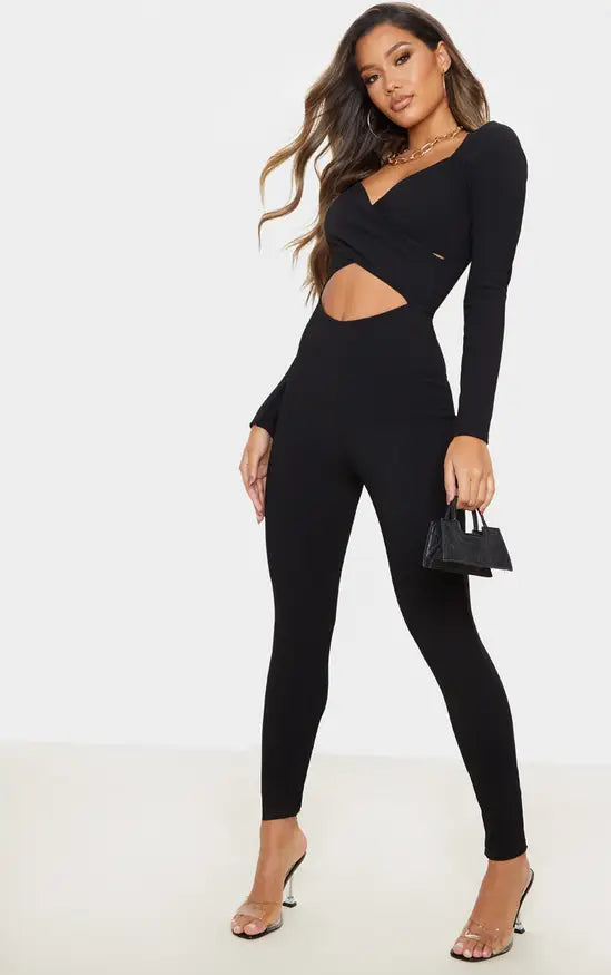 Plt - Black Rib Cross Over Long Sleeved Jumpsuit