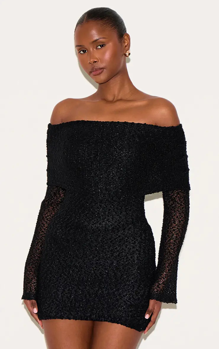 Plt - Black Textured Bardot Flare Long Sleeve Mini Dress