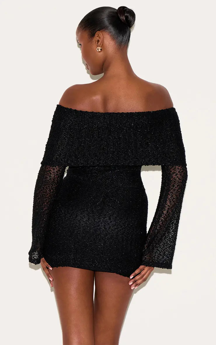 Plt - Black Textured Bardot Flare Long Sleeve Mini Dress