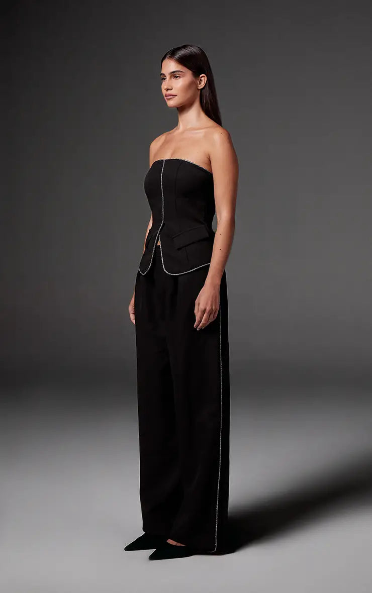 PrettyLittleThing Woven Tailored Diamante Trim Wide Leg Pleated Trousers Co-ord