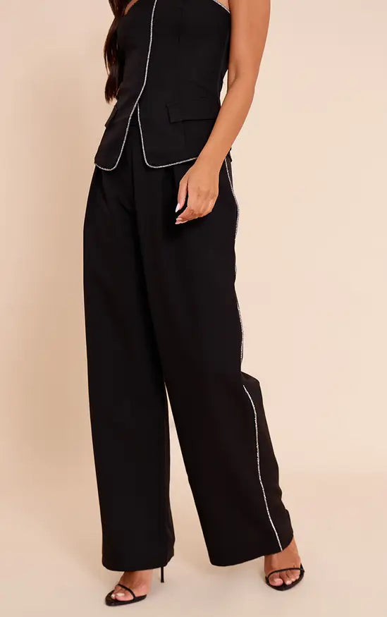 PrettyLittleThing Woven Tailored Diamante Trim Wide Leg Pleated Trousers Co-ord