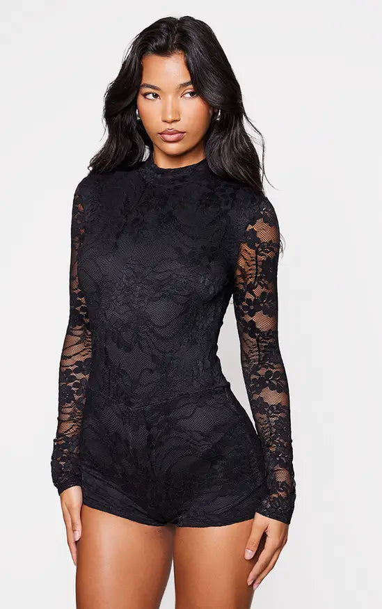 PLT  - Black Lace Lined Long Sleeve Boat Neck Playsuit