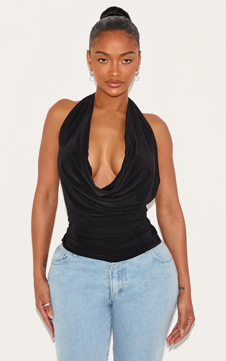 Plt - Shape Black Halter Cowl Neck Long Line Open Back Top