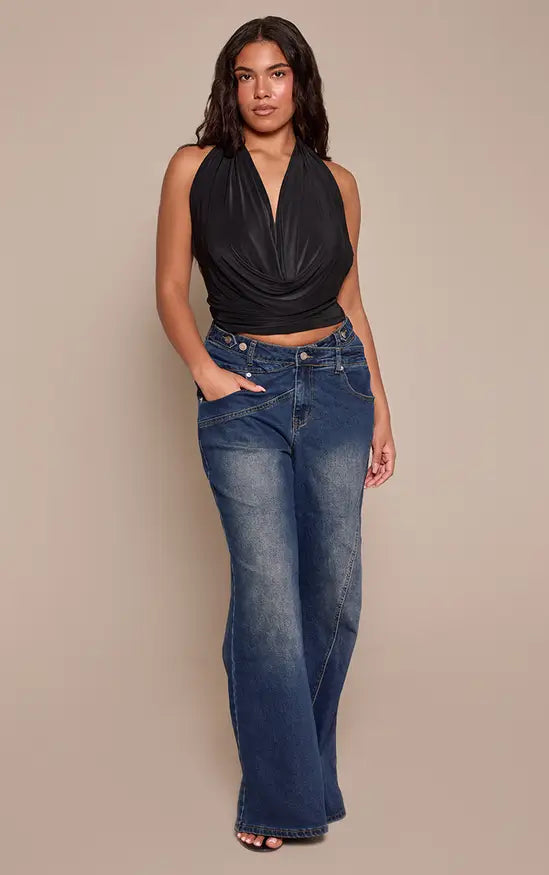 Plt - Shape Black Halter Cowl Neck Long Line Open Back Top