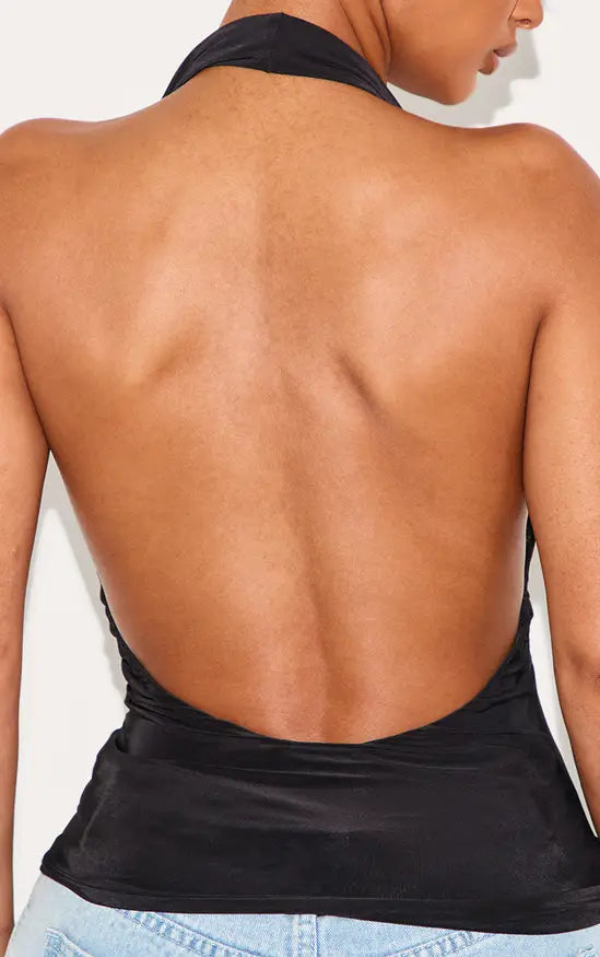 Plt - Shape Black Halter Cowl Neck Long Line Open Back Top