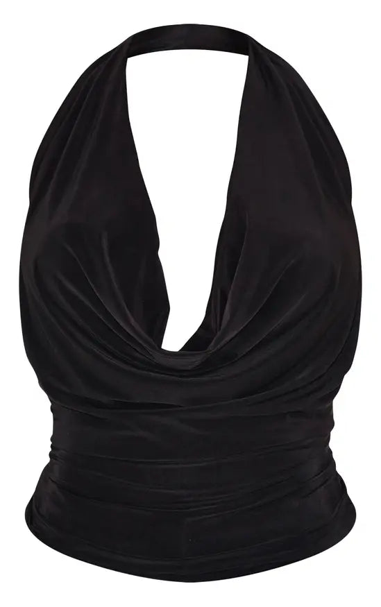 Plt - Shape Black Halter Cowl Neck Long Line Open Back Top