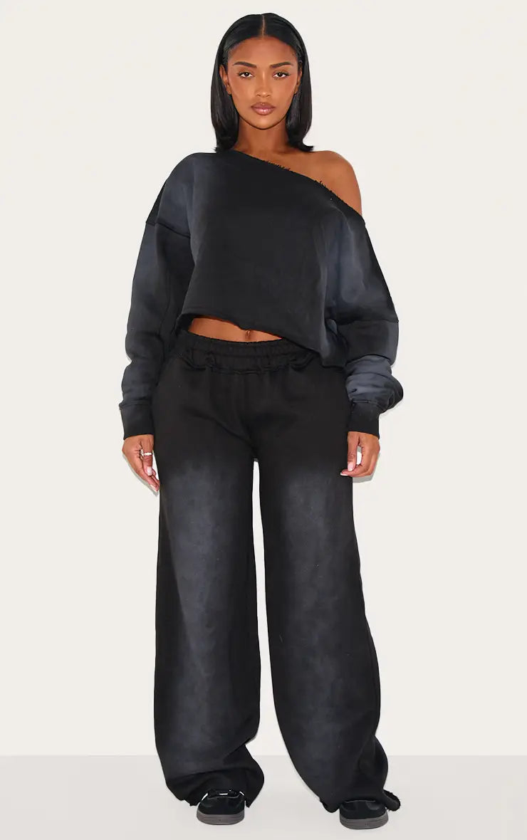 Plt - Shape Washed Black Distressed Waistband Wide Leg Joggers