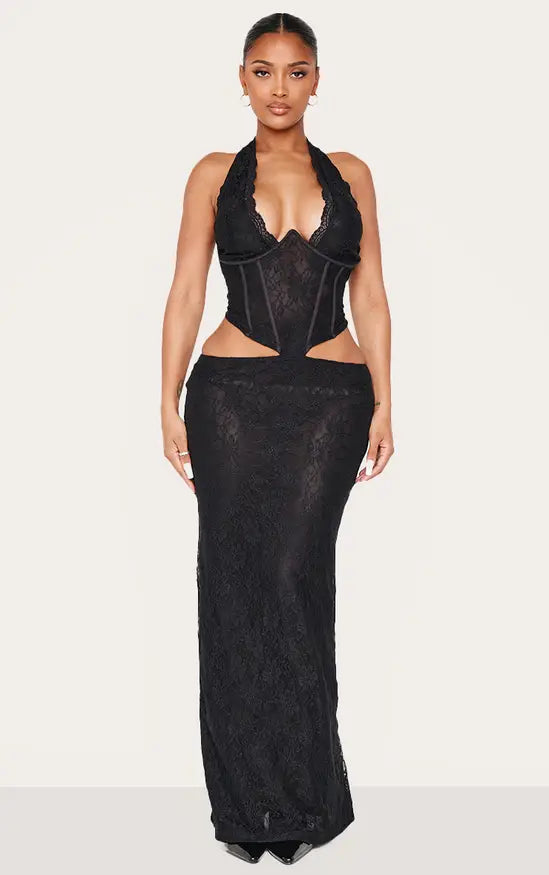 Plt - Shape Black Lace Halter Neck Plunge Corset Maxi Dress