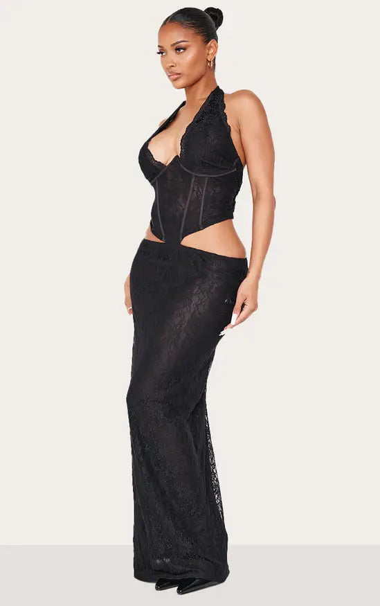 Plt - Shape Black Lace Halter Neck Plunge Corset Maxi Dress