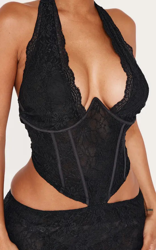 Plt - Shape Black Lace Halter Neck Plunge Corset Maxi Dress