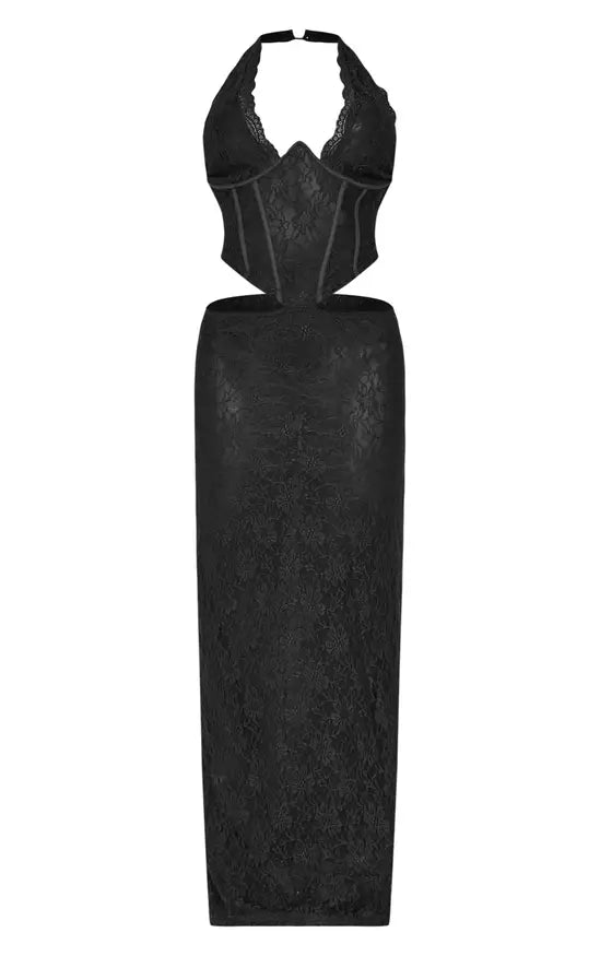 Plt - Shape Black Lace Halter Neck Plunge Corset Maxi Dress