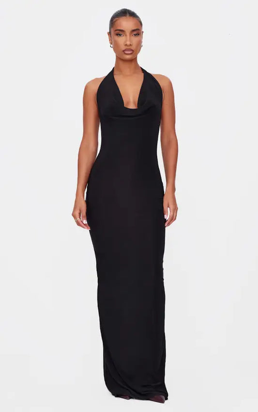 Plt - Black Soft Touch Cowl Neck Twist Back Detail Maxi Dress