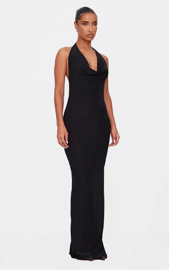 Plt - Black Soft Touch Cowl Neck Twist Back Detail Maxi Dress