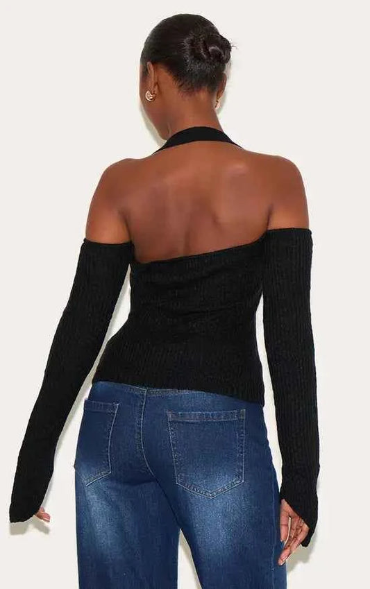 Plt - Bardot Halterneck Gold Trim Cross Stitch Knitted Top