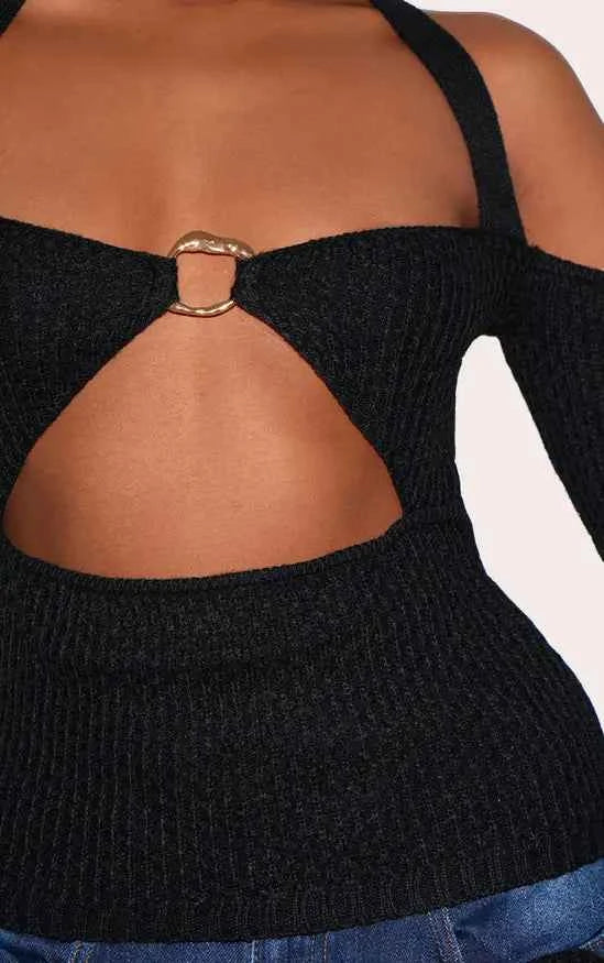 Plt - Bardot Halterneck Gold Trim Cross Stitch Knitted Top