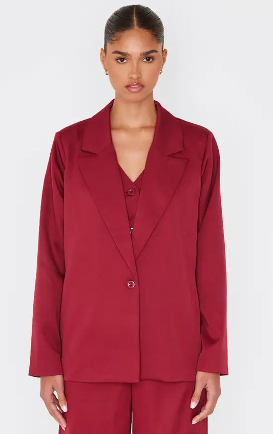 Plt - Burgundy Woven Oversized Suit Blazer Co-ord