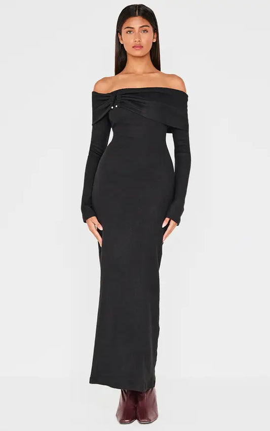 Plt - Black Heavy Brushed Rib Bardot Trim Maxi Dress