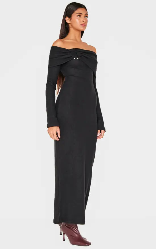 Plt - Black Heavy Brushed Rib Bardot Trim Maxi Dress